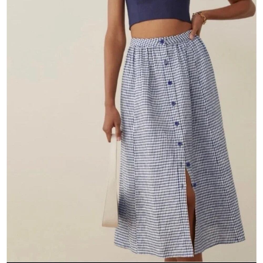 Reformation Blue and White Gingham Midi Skirt